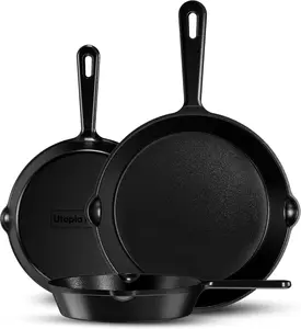 Kitchen Pre-Seasoned Cast Iron Skillet Set 3-Piece - 6 Inch, 8 Inch and 10 Inch Cast Iron Set (Black)