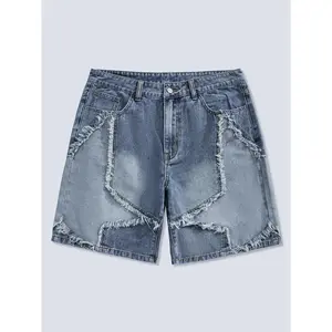 Wide-leg denim shorts with a frayed hem and a spring–to–summer pattern, featuring a star design and a pocket