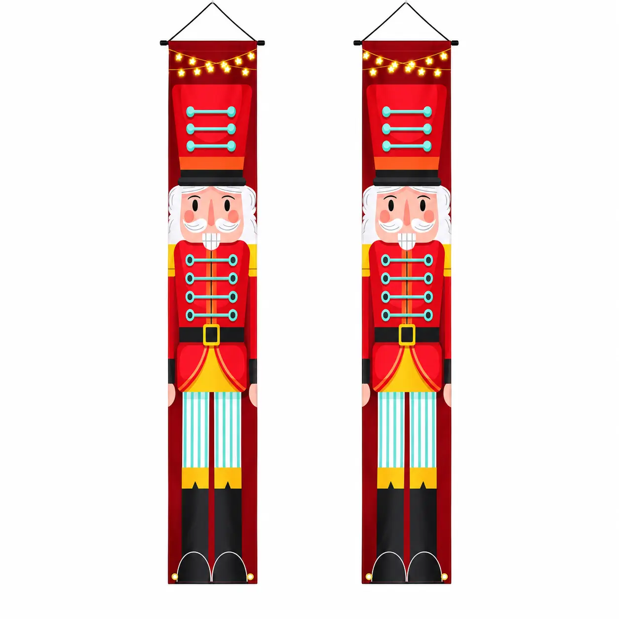 Christmas Nutcracker Door Banner Set, Toy Soldier Pair with Star String Light Artwork, Vertical Porch and Entryway Holiday Decor. We provide 4 grommet holes for this product.