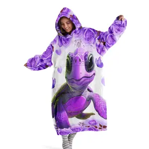 Hooded Blanket, Wearable Blanket, Cozy Hooded Blanket, Purple Floral & Turtle Print Flannel Blanket Soft and Warm Blanket, Ideal for Sofa Throw, Home Relaxation Blanket, Air-Conditioned Blanket, Nap Blanket