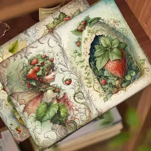 Strawberry Elf Theme Pattern Writable Paper & Stickers Set, 54pcs/set Crafts Kit Creative Self Adhesive Stickers & DIY Scrapbook Background Paper Pad Crafting Kit