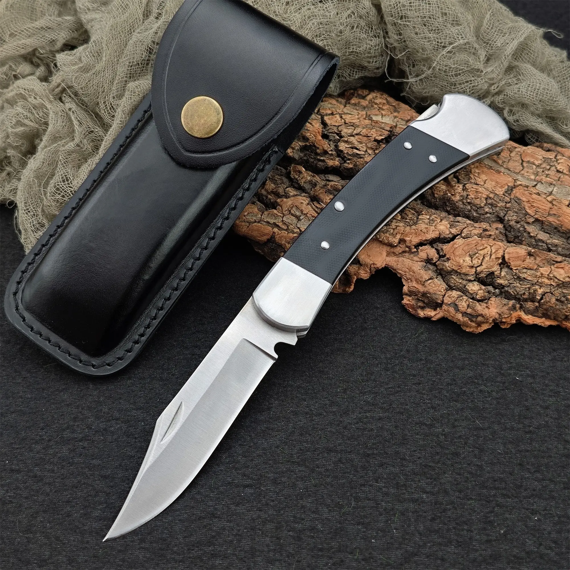 Model 110 Folding Hunter Knife - 3.54 in D2 Clip Point Blade, Black G10 Handle, Lockback Design, Sheath Included, Portable Outdoor Survival EDC Survival Gear Knife for Daily Use, Portable Knives