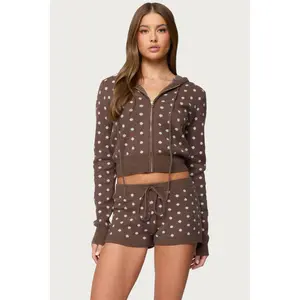 Kenny Polka Dot Knit Zip Up Hooded Cardigan