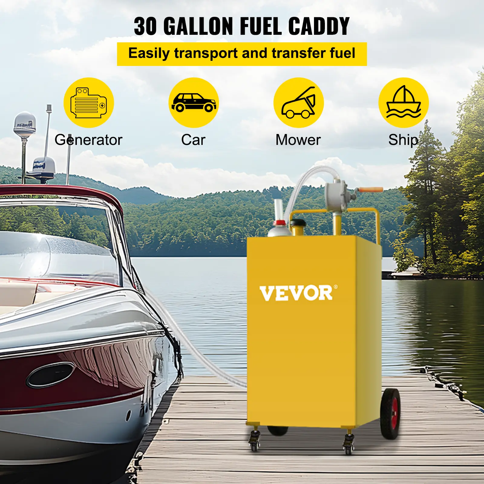 【summerfinds】VEVOR 30 Gallon Fuel Caddy, Gas Storage Tank & 4 Wheels, with Manuel Transfer Pump, Gasoline Diesel Fuel Container for Cars, Lawn Mowers, ATVs, Boats, More, Yellow