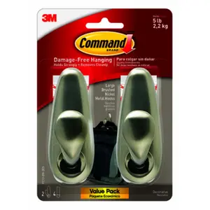 3M 243251 Metal Classic Hooks - Brushed Nickel, Large & Pack of 2