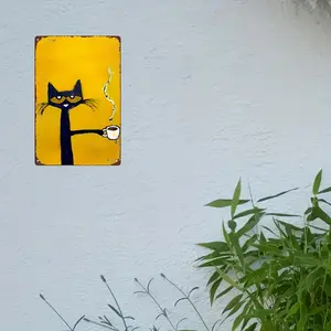 [2D Flat] Vintage Metal Foil Signs - Cartoon Black Cat with Coffee Cup, Rustic Yellow Background, Durable Indoor/Outdoor Wall Art, Unique Gift for Valentine'S Day, Birthday, Father'S Day, Kitchen & Office Decor, Perfect Room Accent