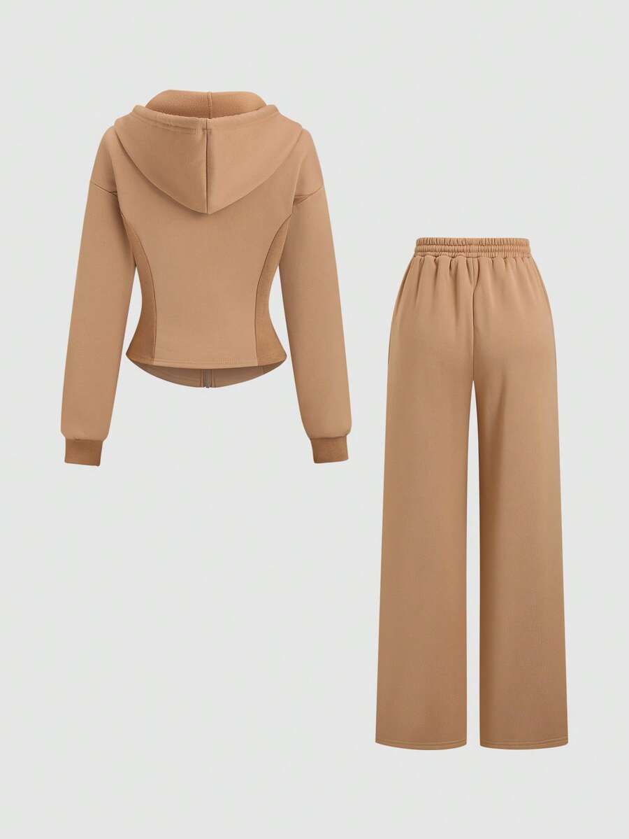 MISTY CHIC Corset-Style Hooded Sweatshirt And Wide Leg Sweatpants Set, Full-Zip Drawstring Design With Elastic Waist, Casual Streetwear Vibe, Ideal For Loungewear, Errands, Mix-And-Match Outfits And Trendy Everyday Streetwear