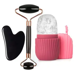 3-piece Ice Crystal Facial Roller Set, Facial Roller Gua Sha Beauty Tool Set, Light Beige Skin Care Beauty Set, Facial Massage Lifting and Shaping Tool, Ice Crystal Facial Roller Mold Ice Cubes, Reusable and Leak-proof, Skin Care Tools