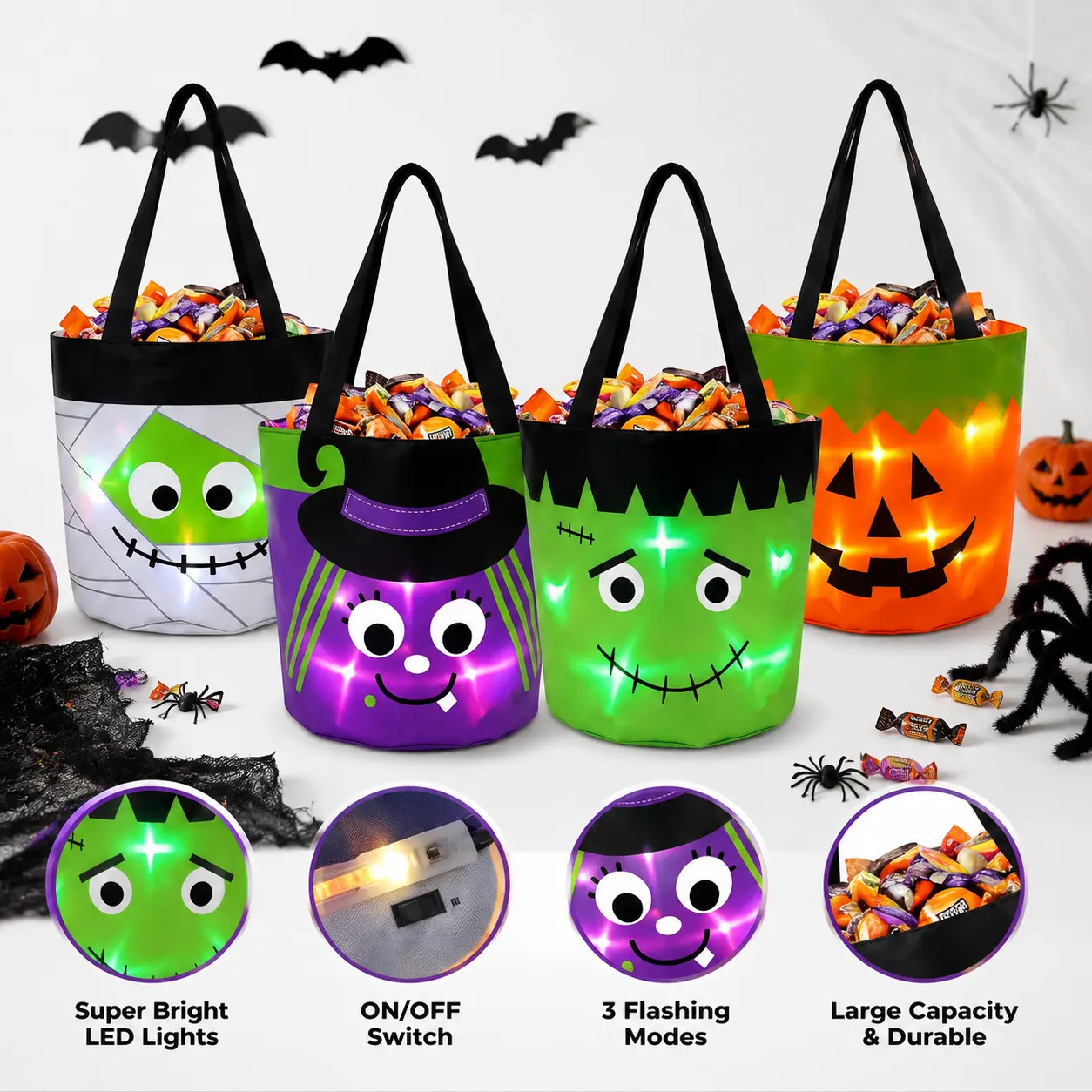 Light Up Halloween Trick or Treat Bags for Kids, Large Capacity Halloween Tote Bag, Battery Operated Pumpkin Witch Frankenstein Mummy Treat Bag