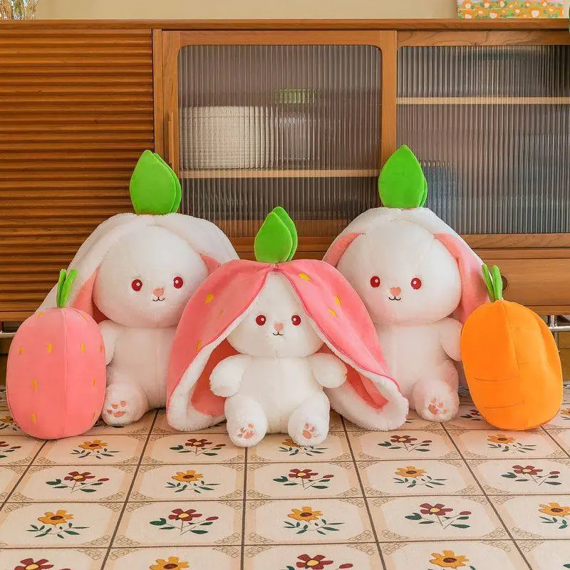 Flip Reversible Bunny Stuffed Plushie, Convertible Strawberry Carrot Rabbit Plush Pillow, Soft Fluffy Hugging Toy, Cute Home Decor Birthday Holiday Gift for Kids Girls