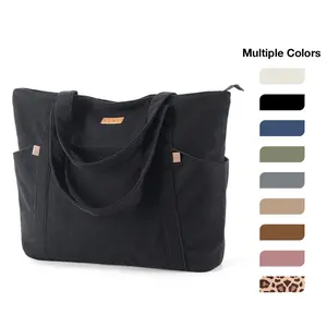 Lekespring Corduroy Tote Bag for Women,arge tote bag beach bag with zipper, women's shopper bag laptop bag with 15.6-inch laptop compartment, elegant handbag shoulder bag for work school gym—black