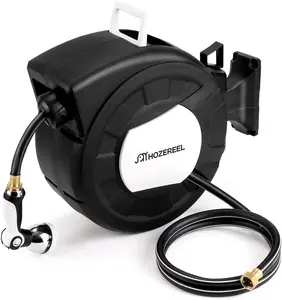 HOZEREEL 100 ft x 1/2 in Retractable Garden Hose Reel — Decorative Outdoor Hose Storage, Auto-Retracting Wall-Mounted Design (Enclosed Storage), Any-Length Locking Capability, Includes 10-Pattern Spray Nozzle (Black & White)
