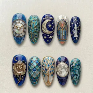 Celestial Cathedral Press On Nails 3D Gold Mosaic Zodiac Moon Floral Clock