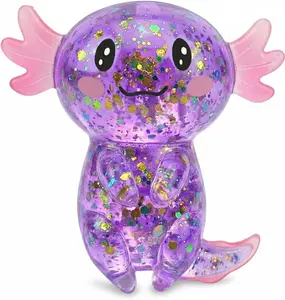 Axolotl Squishy Stress Relief Toy – Glitter Fidget Toy Cute Salamander Squeeze Toy for Kids & Adults, Sensory Anxiety Relief Squishy Toy, Party Favor Desk Fidget (Purple)