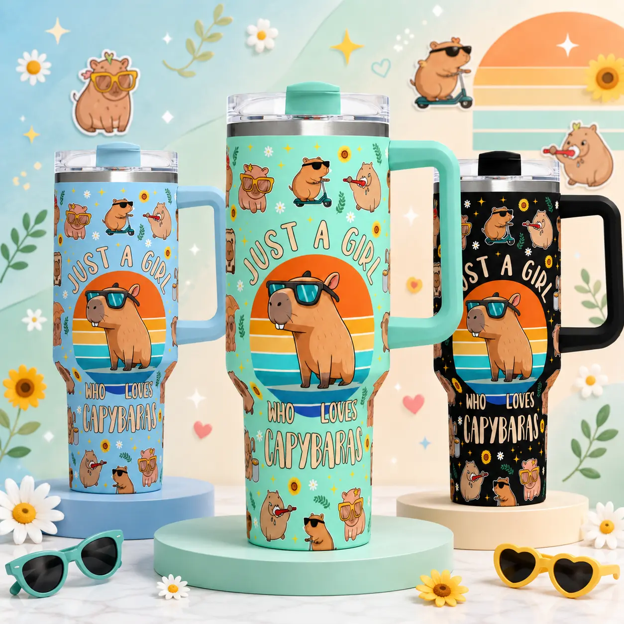 Capybara 40oz Stainless Steel Insulated Tumbler, 6 Color Choices Travel Mug with Handle, Lid & Straw, Vacuum Thermal Cup, Kawaii Drinkware