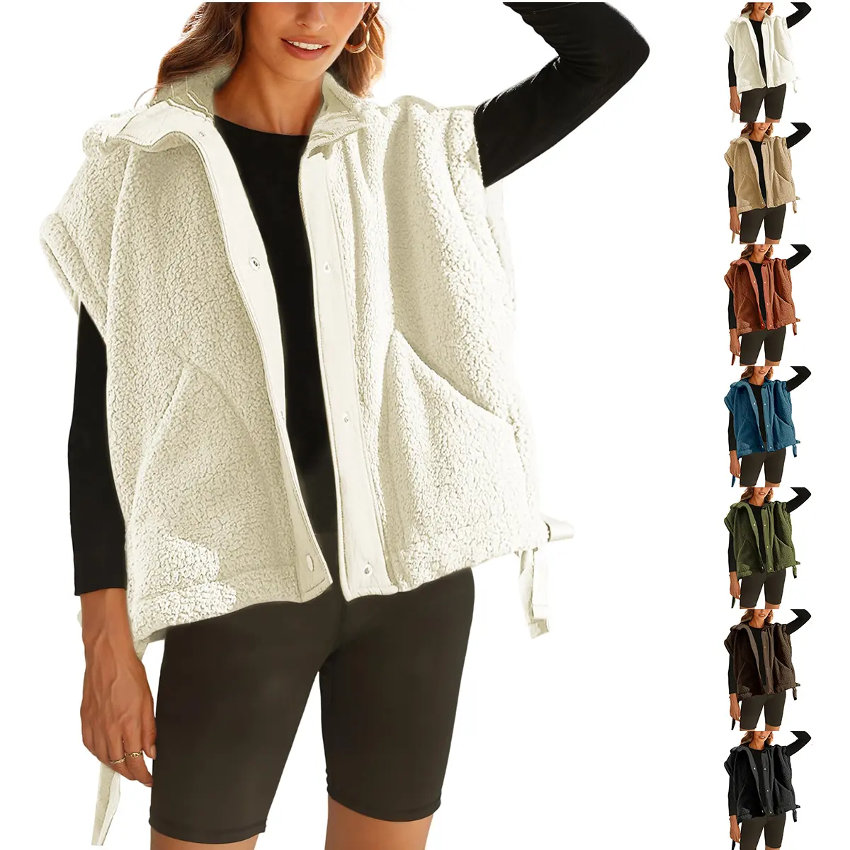 Kingapril Women's Casual Oversized Sherpa Fleece Vest, Sleeveless Button-Down Collared Outerwear with Nylon Piecing, Pockets & Adjustable Hem, Basic, Buttons Women's Vests, Fleece Waistcoats & Gilets, Fluffy Fur Women's Vests