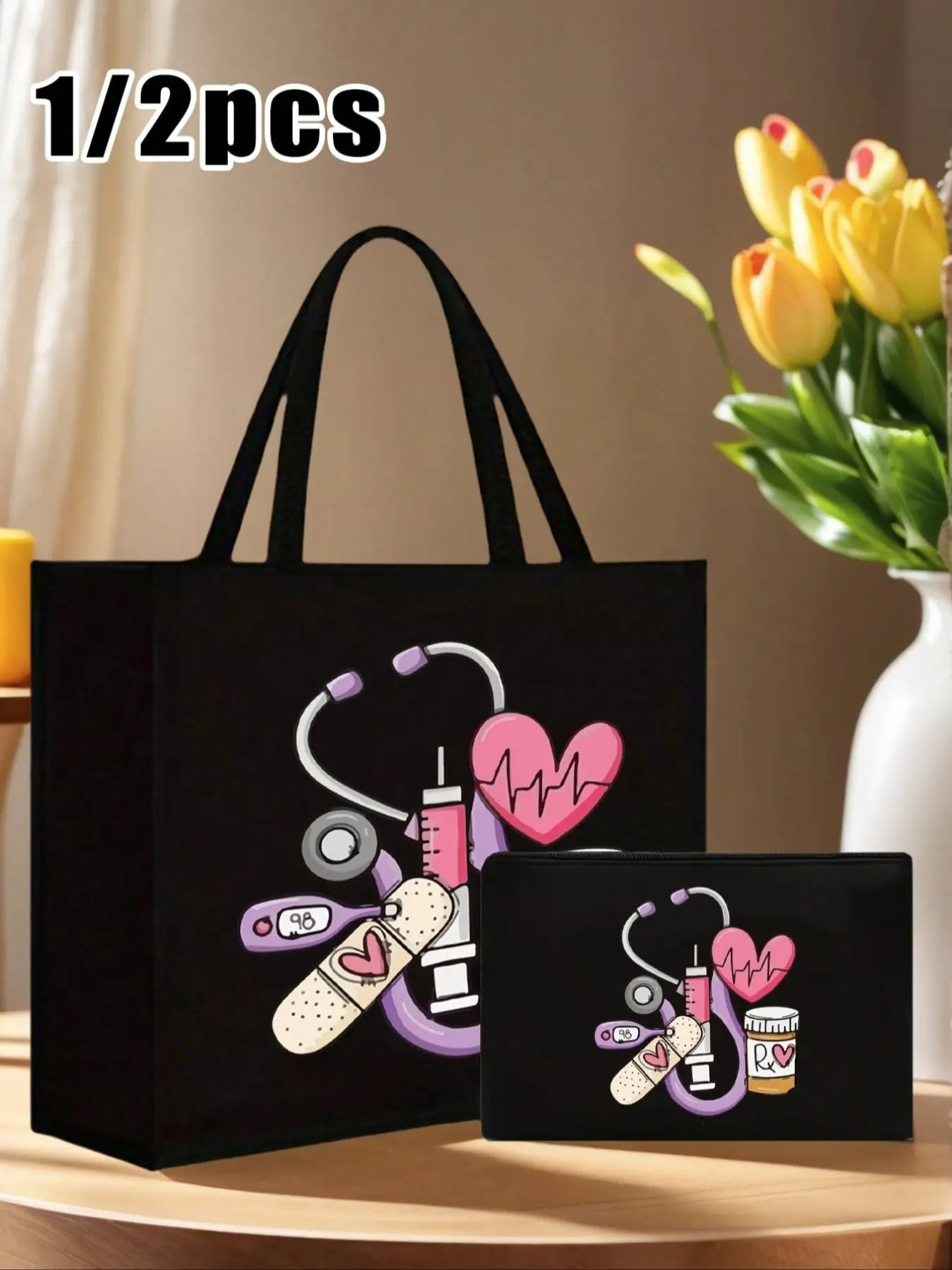 A nurse-themed tote bag and makeup bag set, featuring stethoscope, heart, syringe, and thermometer designs. This large-capacity linen tote bag is suitable for daily commutes, campus life, and leisure travel. Cosmetic Bags