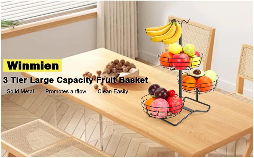 3 Tier Fruit Basket Bowl with 2 Banana Hooks, Solid Metal Standing Vegetable Storage for Kitchen Counter, Large Capacity Organizer for Bread Snack Produce (Black) 3 Tier Fruit Basket Bowl with 2 Banana Hooks, Solid Metal Standing Vegetable Storage for Kitchen Counter, Large Capacity Organizer for Bread Snack Produce (Black)