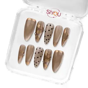 Siyou Reusable Press On Nails, Classic Polka Dot Vintage Style Kit, Long Almond in Light Brown & Gold with Glossy Finish