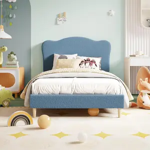 Gaomon Full Upholstered Platform Bed Frame with Adjustable Height Crown Shape Headboard, Wooden Slats & Base, No Box Spring Required, Light Blue