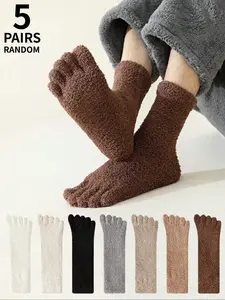 5 Pairs Random Color Men's Fleece-Lined Plush Toe Socks Women's Soft Plush Fluffy Loft Five-Toe Socks Winter Home Slippers Socks Unisex Cozy Socks