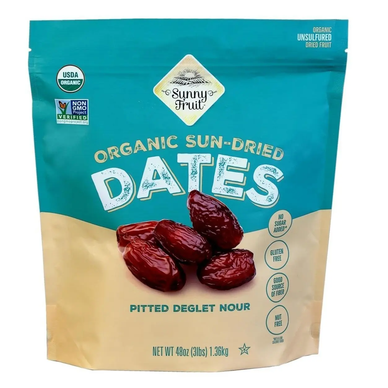 ORGANIC Pitted Dates (Deglet Nour) - Sunny Fruit 48oz Bulk Bag (3 lbs) | NO Added Sugars, Sulfurs or Preservatives | NON-GMO, VEGAN, HALAL & KOSHER