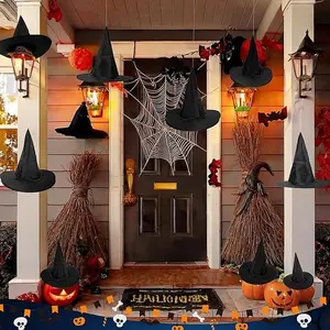 6 PCS Halloween Black Witch Hats Decoration Hanging Witch Wizard Hats Bulk with 108 FT Cord, Halloween Party Costume Accessory Indoor Outdoor Yard Porch Decor