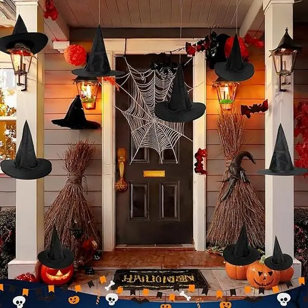 6 PCS Halloween Black Witch Hats Decoration Hanging Witch Wizard Hats Bulk with 108 FT Cord, Halloween Party Costume Accessory Indoor Outdoor Yard Porch Decor
