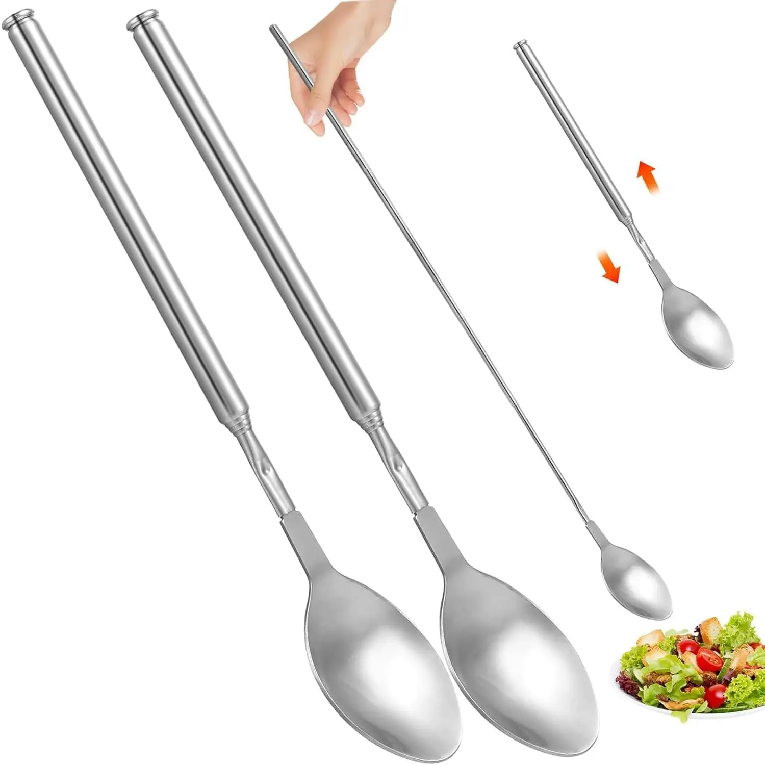 Special Spoon,Telescopic Extendable Spoons,62cm Long Stainless Steel Telescopic Spoon Extendable for Barbecue Tableware Supplies 8.66~24.4inch (SpoonsX2PCS)