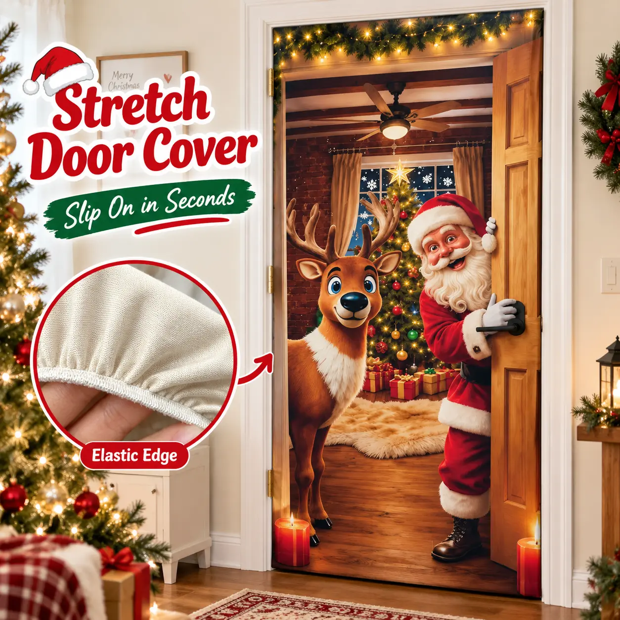 Christmas Door Cover - Stretch Fit Santa & Reindeer Door Decoration with 4-Side Elastic Edges, Slip-On Christmas Door Banner for Front Door, Home Holiday Party Decor