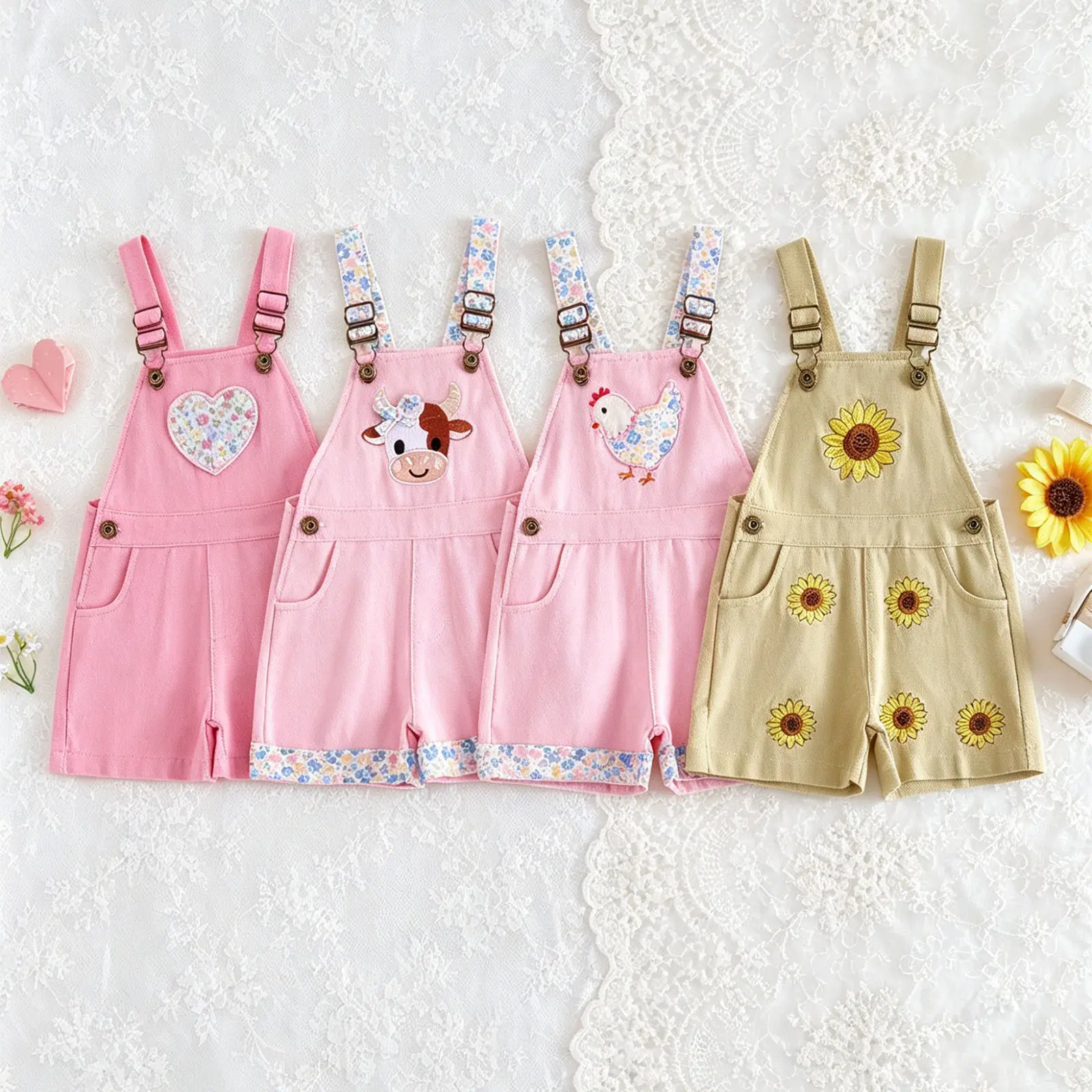 Toddler Baby Girl Flower Embroidered Overalls Shorts Jumpsuit with Pocket Summer Spring Clothes 1T 2T 3T 4T