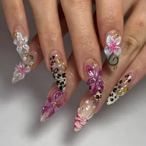 Leopard & Floral Press On Nails | 3D Floral, Rhinestone Nail Art | Handmade Leopard Print Nails | Long Stiletto Nail