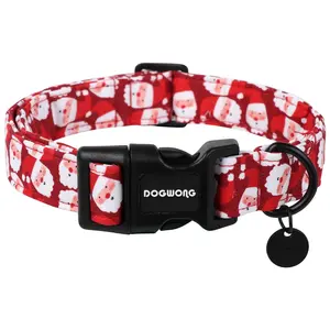 DOGWONG Christmas Cotton Dog Collar Red Santa Claus Design Durable Holiday Pet Collars for Medium Large Dogs with Quick-Release Buckle and D-Ring - Harnesses
