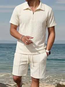 Men's Premium Beach Resort Two Piece Set - Quarter Zip Polo Collar Short Sleeve Tops & Drawstrings Waist Shorts Lightweight Breathable Casual Summer Wear