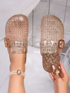 Summer New Fashion Sequined Jelly Sandals Heart Rhinestone Buckle Mules Multiple Colors Available, PU Upper Material, Rubber Sole