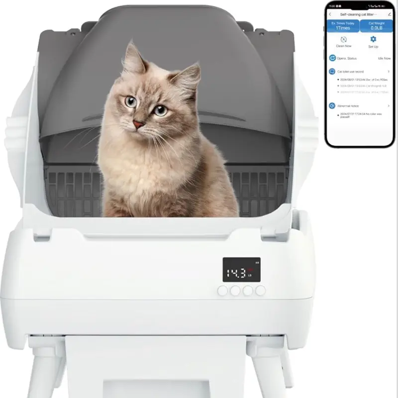 Automatic Cat Litter Box Self Cleaning - App Control, Open-Design, Smart Health Monitor, Suitable for Medium Cats and Kittens, Anti-Pinch Safety, Quiet Operation - White