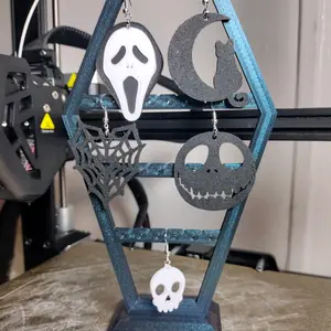 Halloween themed 3d printed earrings and coffin shaped earring holder stand