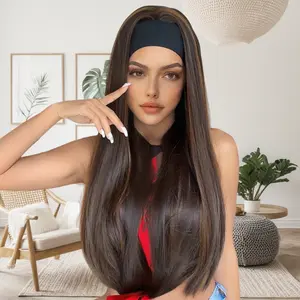 Long  Brown Highlight  Headband Wig Glueless Straight   Wig with Head Band Easy to Put On and Go Synthetic Headband Wig Friendly for Beginer highlight Mix Colored 24 Inch Wig for Daily Use Party (Color 4/27)