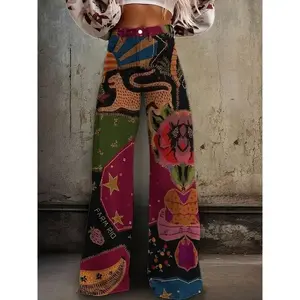 [1 Pair Retro Polyester Pants] Polyester Women's High Waist Loose Flared Pants |   Casual Retro Style, Creative Retro Element Print, Regular Fit Loose Jeans For Adults, Suitable For All Seasons, 1 Pair high waist jean woman
