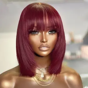 Jessie's Wig Burgundy 99J Color Bob Layered Straight Wigs With Bangs Glueless 4x4 Pre Cut Lace Wig With Fringe