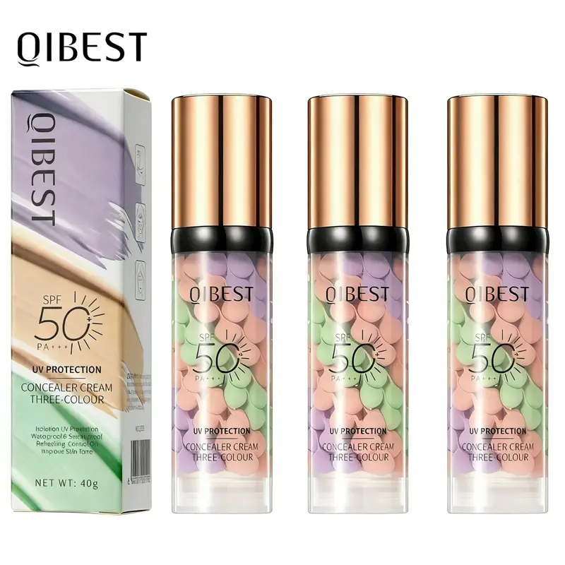 Qibest 3-Color Cosmetic Makeup Base Isolation Cream - SPF 50 Sunscreen, UV Protection, Brightening, Oil-Control Moisturizing, Color Correction, Waterproof, Sweatproof (Bottle Packaging)