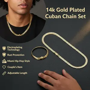 SY Silver Lining 14K Gold Plated Cuban Link 8MM Necklace or Bracelet Miami Hip-Hop Style Fashion Item with Electroplating Technology for Rust Prevention Adjustable Length 16 to 30 Inches