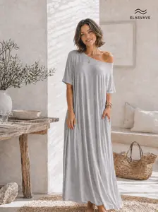 ELASWAVE Women's Simple Style Solid Color Batwing Shortsleeve Lounge Dress - Comfortable Casual Everyday Loungewear, All-Season Sleepwear Homewear Basic Pjs