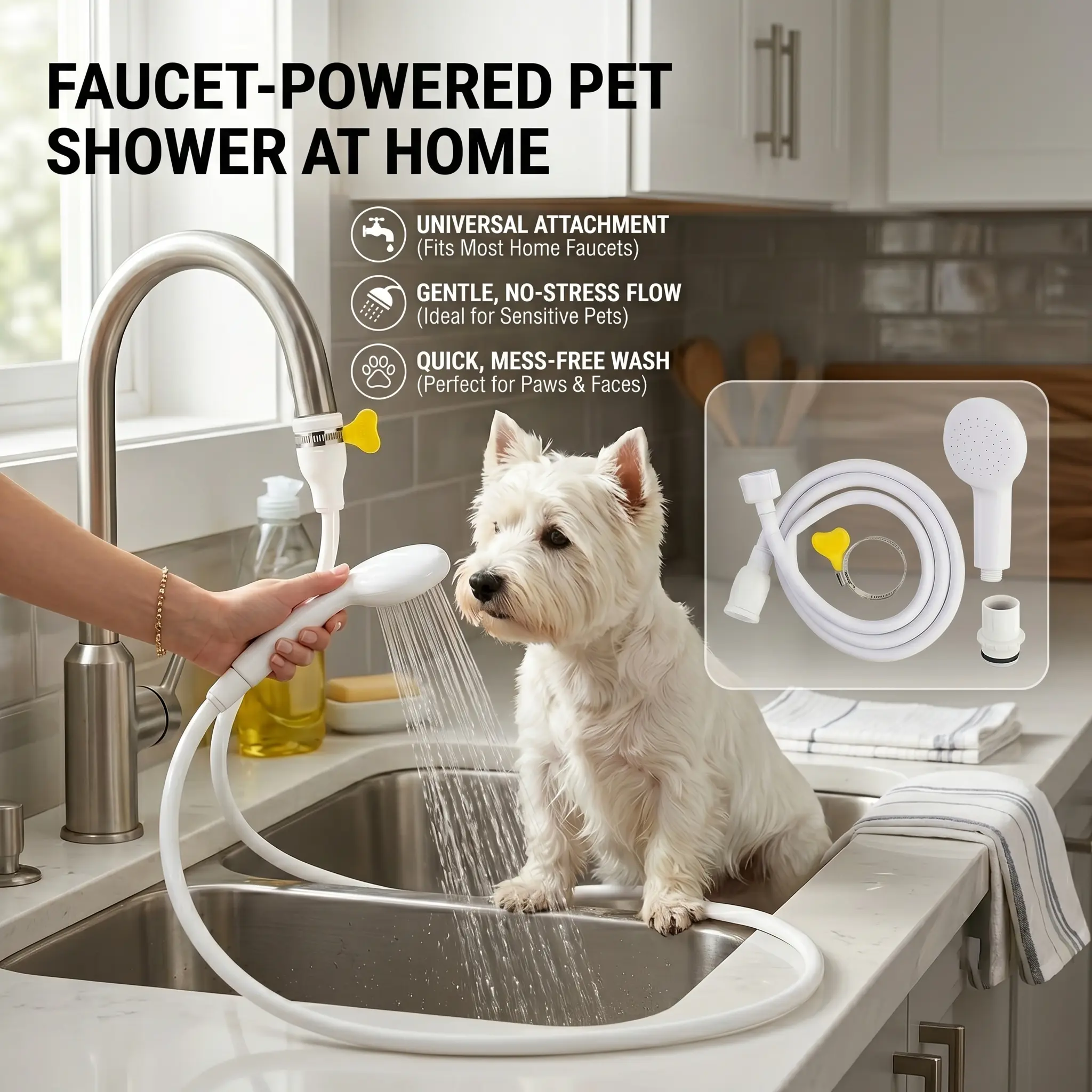 51.2 in Extra Long Flexible Handheld Shower Combo - Showerhead with Handheld Sprayer, Flexible Hose, Clamp-Secure Yellow Faucet Sprayer, Durable Portable Sink Attachment for Pet Washing, Shampoo Anywhere
