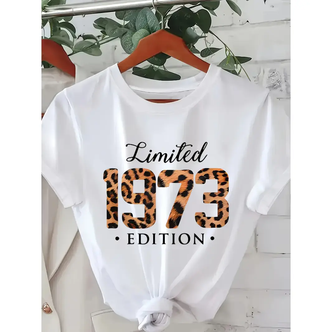 Women's Cotton Short-Sleeve Graphic Tee - 1973 Limited Edition Leopard Print Birthday Top, Everyday Fabrics, Round Neck, Soft Lightweight Cute Casual Summer Sports Top, Shortsleeve, Shirt