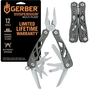 Gear Suspension 12-in-1 EDC-Plier Multitool with Knife, Needle Nose Pliers, Wire Cutters and More, Gifts for Men, Camping and, Grey
