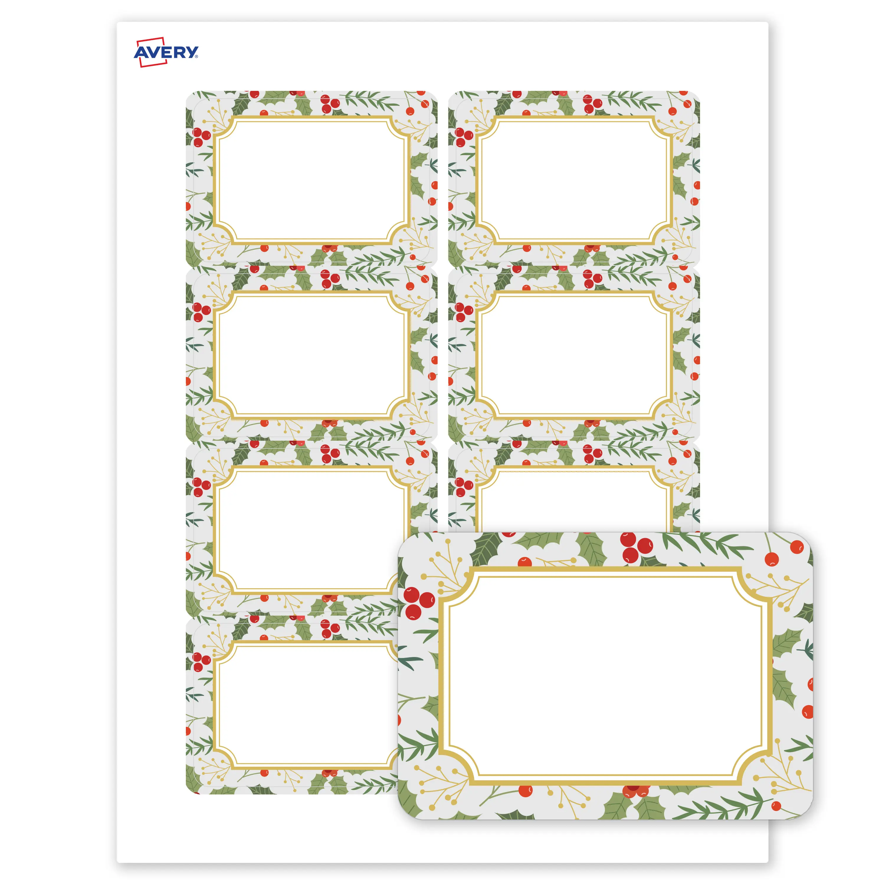 Avery® Printable Christmas Adhesive Name Tags, 2-1/3" x 3-3/8", Matte White, Pre-printed Blue Border/Metallic Gold Frame Design, Laser & Inkjet Compatible, 160 Total