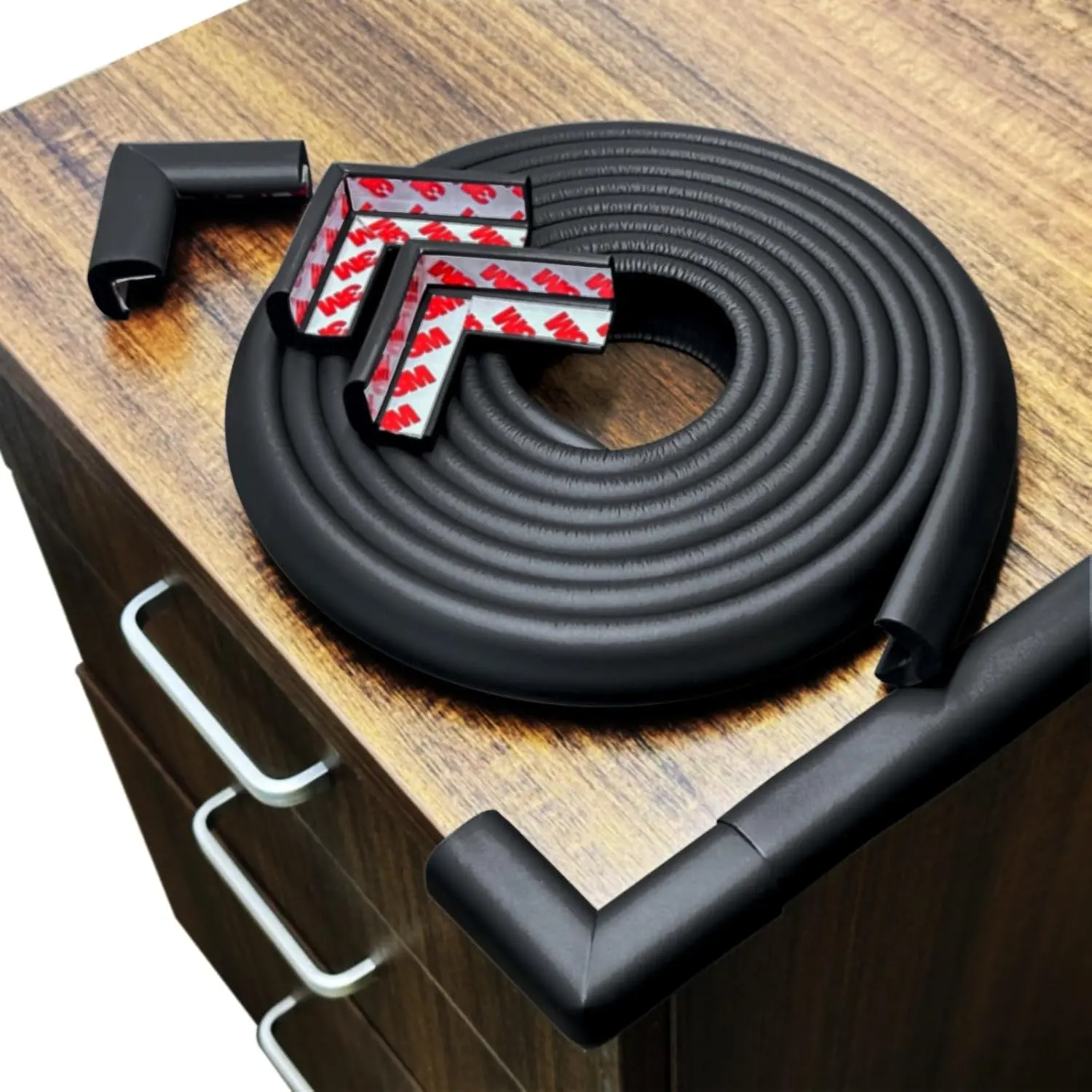 Baby Proofing Corner and Edge Guard Kit, Black Foam Safety Bumper for Toddlers, 12ft Protector Strip and 4 Corners, Easy Adhesive for Tables and Furniture, Baby Proofing Corners And Edges