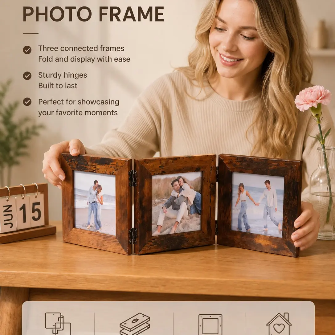 Square 4x4 Inch Hinged Decorative Photo Frame, Foldable Family Picture Frame, Interlocking Combination Frame for Home Office Desk Decor