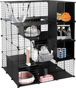 4-Tier Cat Cage with Storage Cubes, Large Cat Cages Indoor with Litter Box, DIY Metal Wire Cat Enclosure Playpen Kennels Crate Catio with Hammock, Cat Bed, Scratcher, Bowl for 1-3 Cats